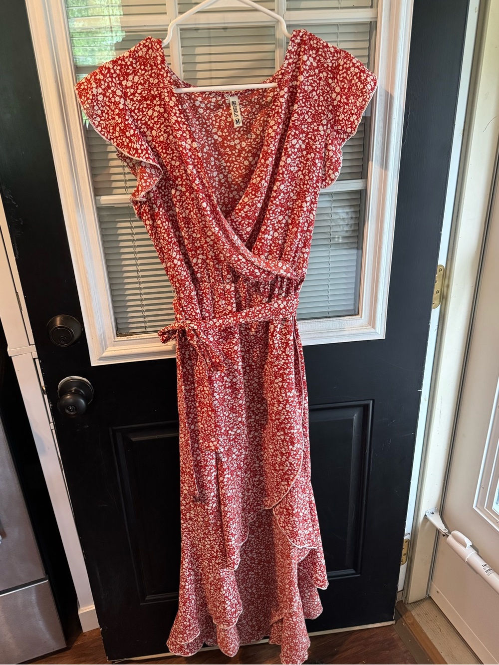 Red Floral Maxi Dress with Ruffle Trim